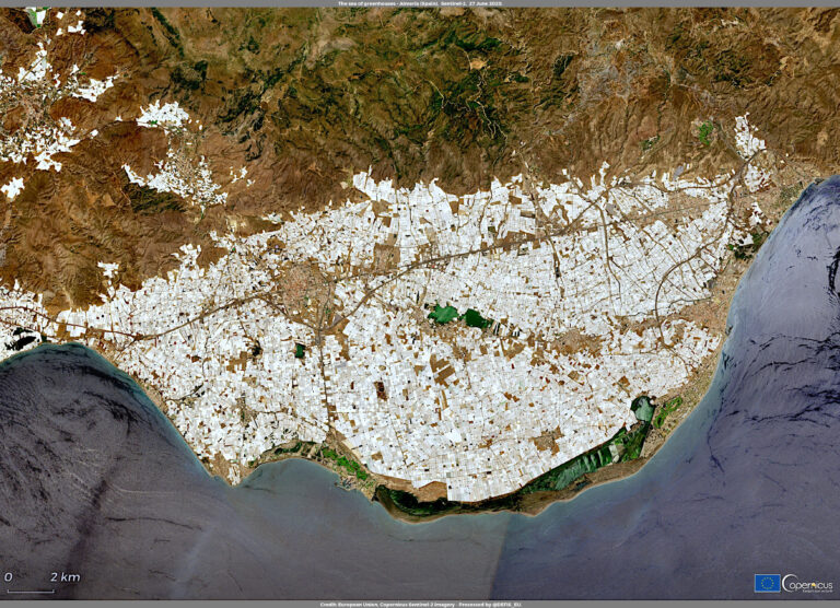 Satellite view of greenhouse-covered land around El Ejido in Almeria, Spain, captured in June 2020