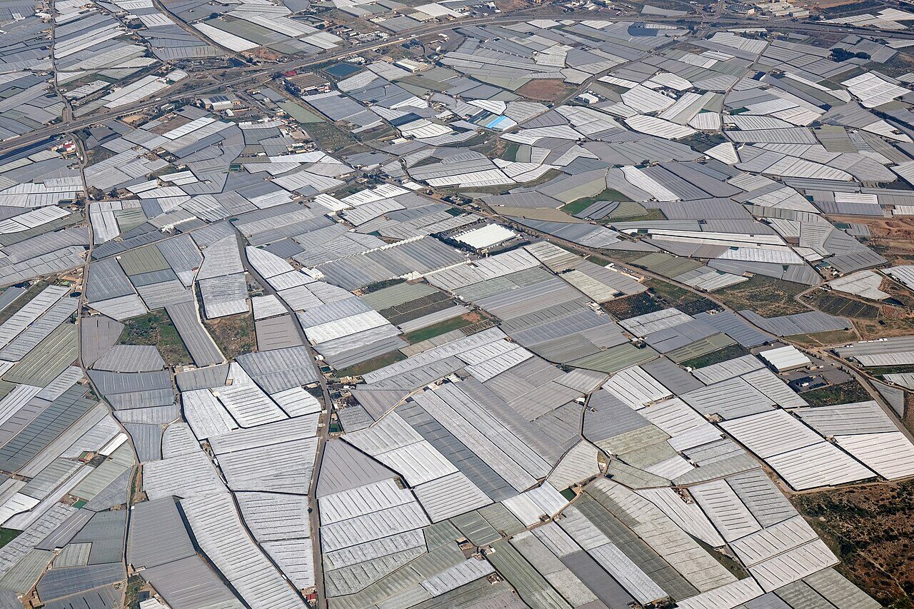 Aerial view of white-covered commercial greenhouses around El Ejido in Almería, Spain, photographed in 2021