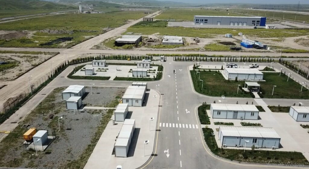 Aerial view of roads and buildings at the Araz Valley Economic Zone industrial park in Azerbaijan