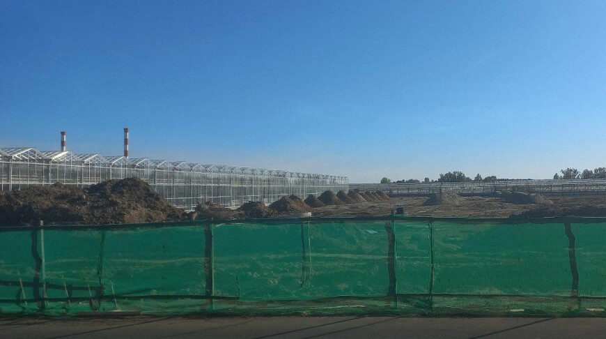Prepared ground behind a green fence beside existing greenhouses