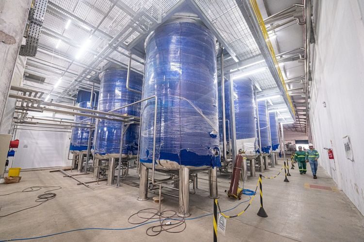 Biological product fermentation vessels inside a Biotrop factory in Brazil