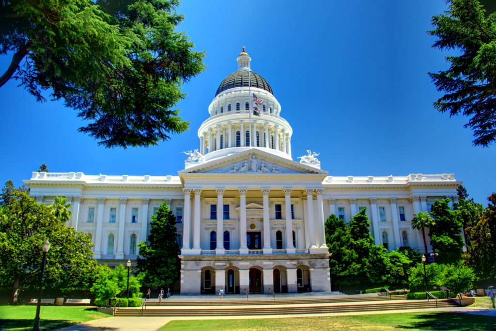 Front facade of the California State Capitol building in Sacramento, photographed in 2012
