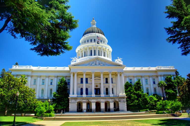 Front facade of the California State Capitol building in Sacramento, photographed in 2012