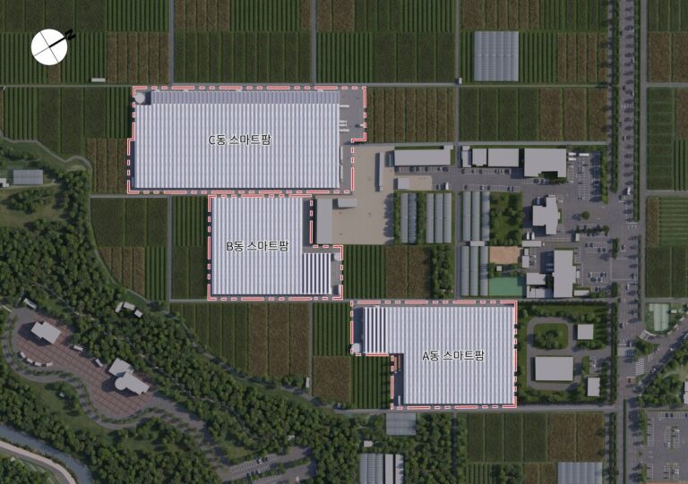 Geochang County rendering showing three planned rental smart-farm greenhouse blocks and adjacent agricultural land