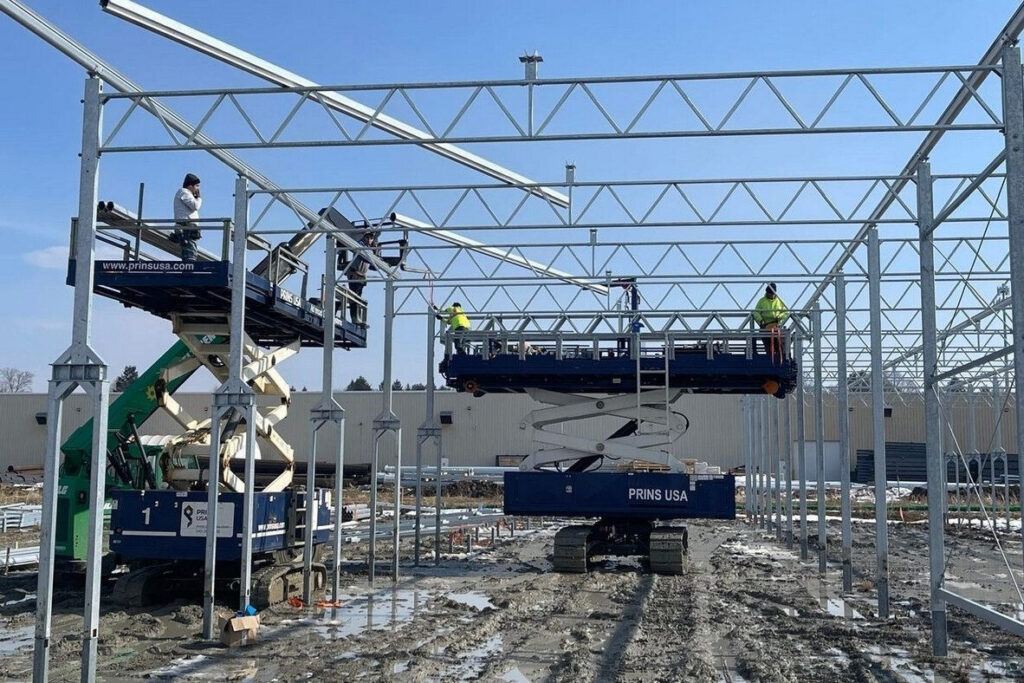 Prins USA crew raising the steel greenhouse structure at Great Lakes Growers' Ohio expansion site in March 2026
