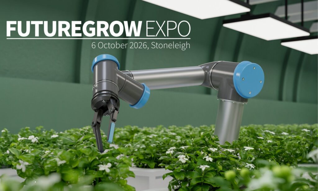FutureGrow Expo 6 October 2026 graphic with a robotic gripper above young plants