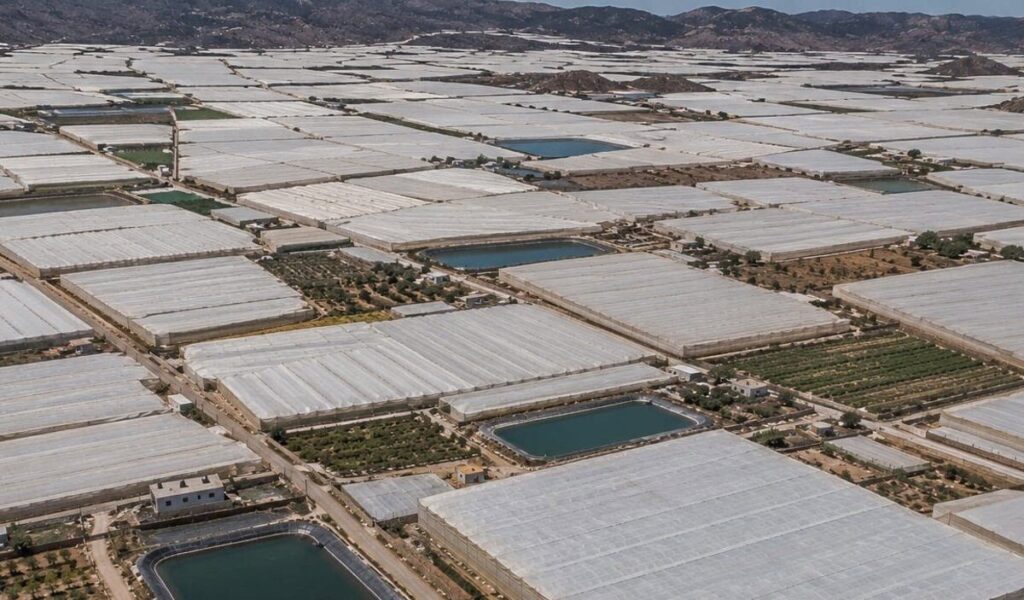 Aerial view of plastic-covered greenhouse farms and water reservoirs near Níjar, Almería