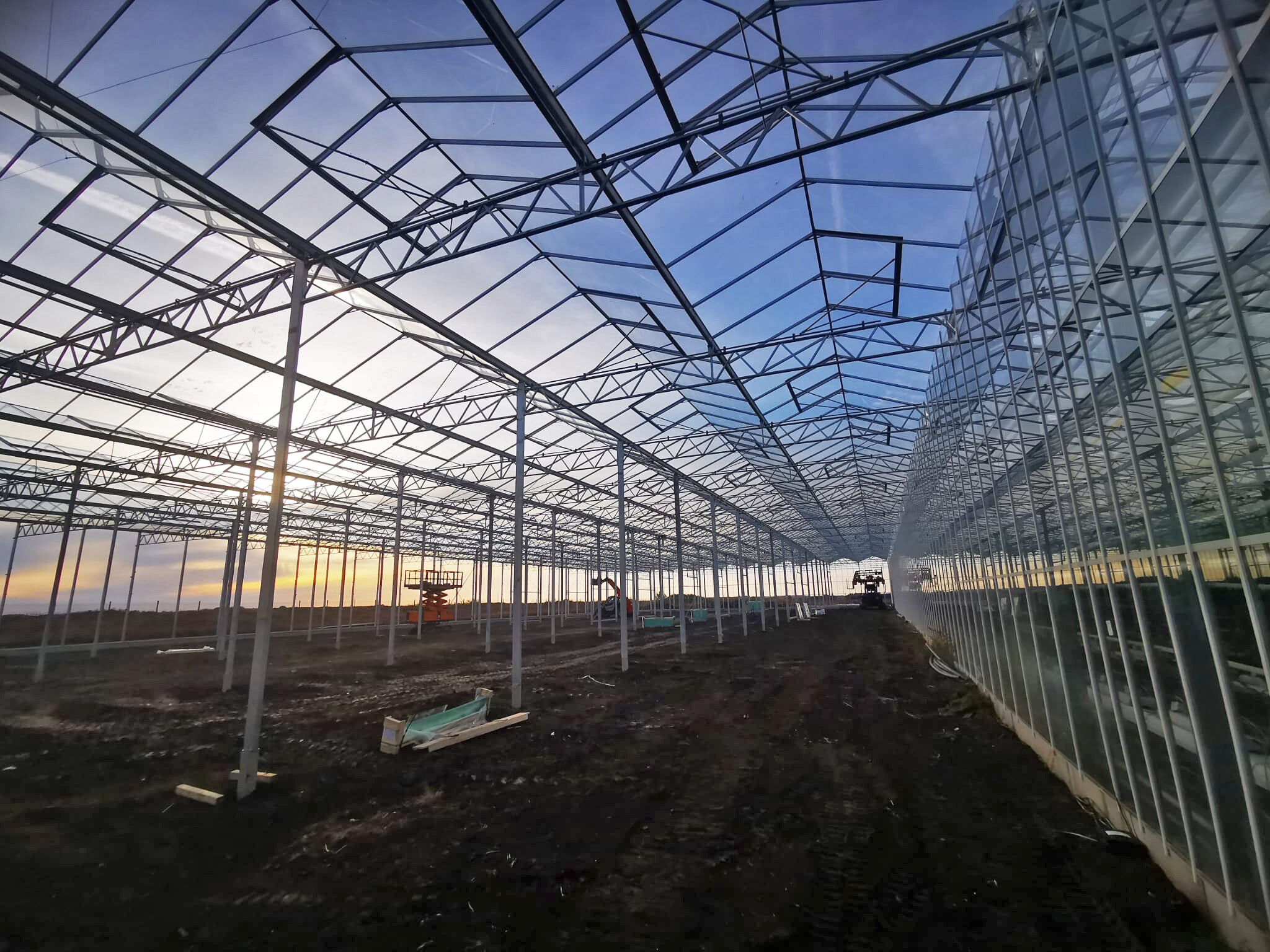 Steel roof trusses inside Petrodial's phase-three greenhouse while construction is underway