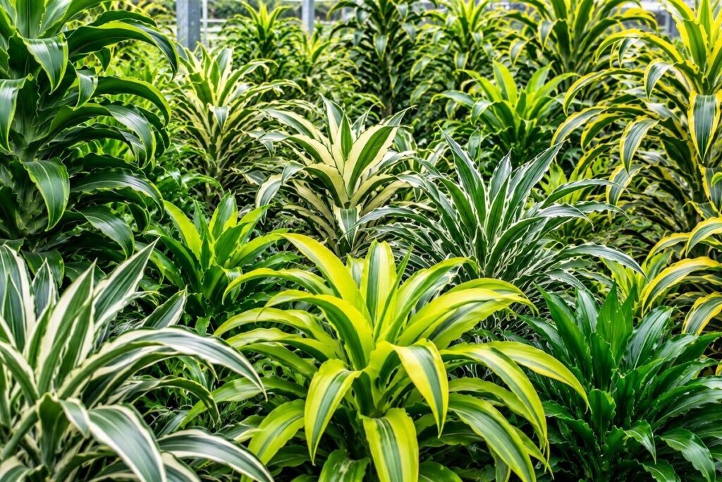 Variegated Dracaena plants growing together in greenhouse conditions