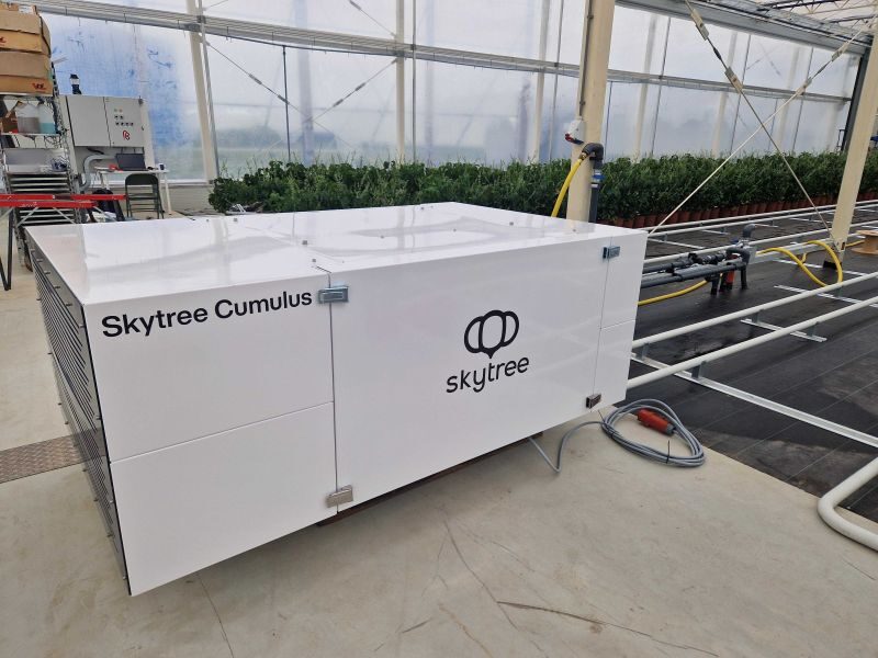 Skytree Cumulus direct air capture technology inside an existing commercial greenhouse