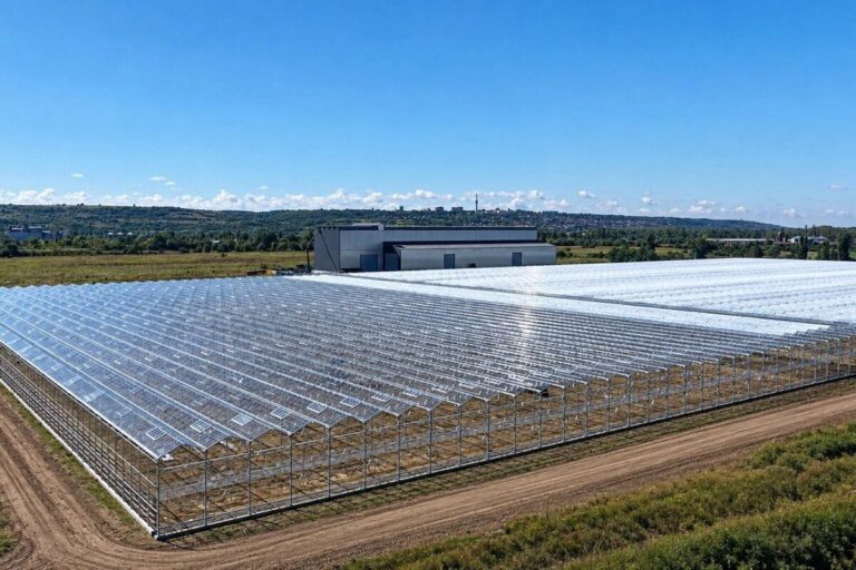 Aerial view of the Vectr Fresh greenhouse under construction in southern Romania